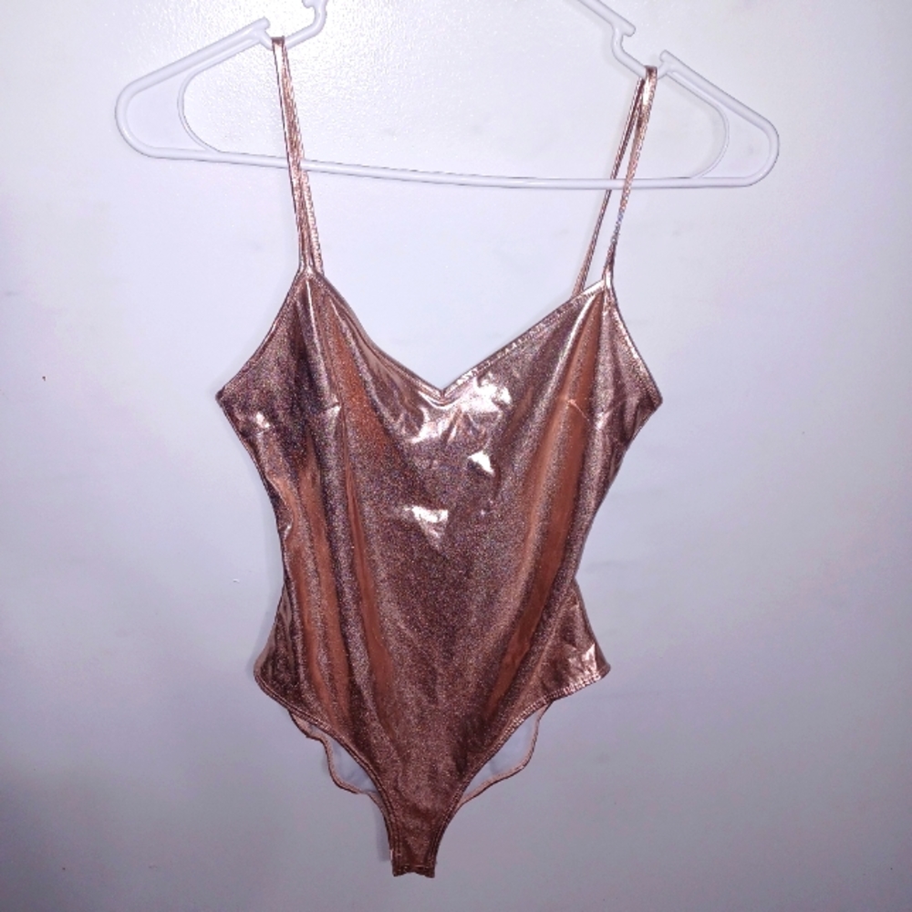 Forever 21 Rose Gold Metallic Spaghetti Strap Bodysuit